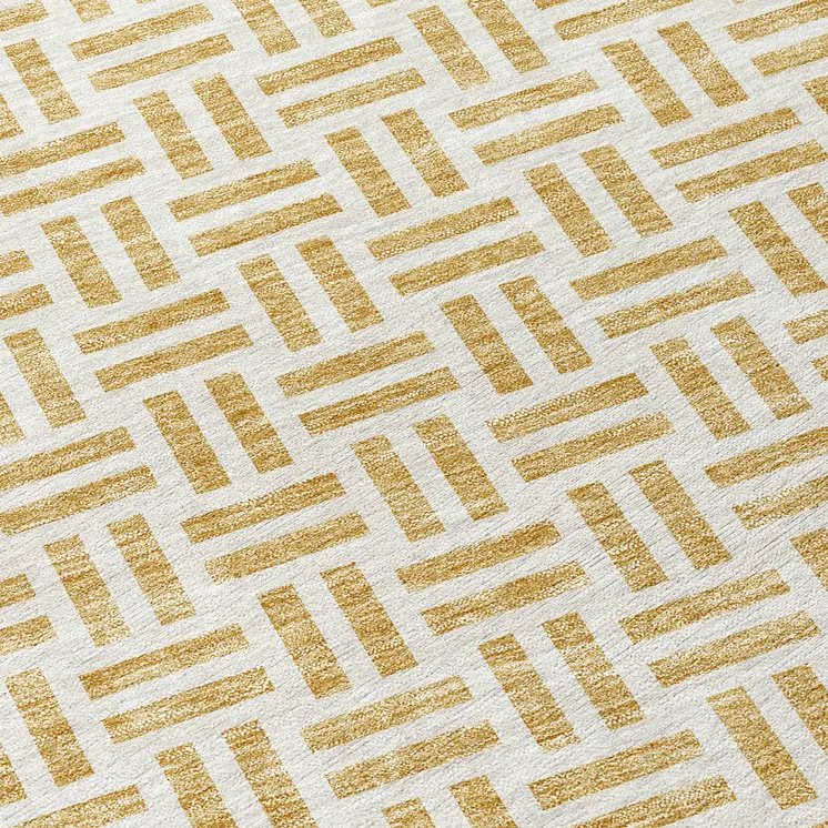 8' Gold And Ivory Round Geometric Washable Indoor Outdoor Area Rug