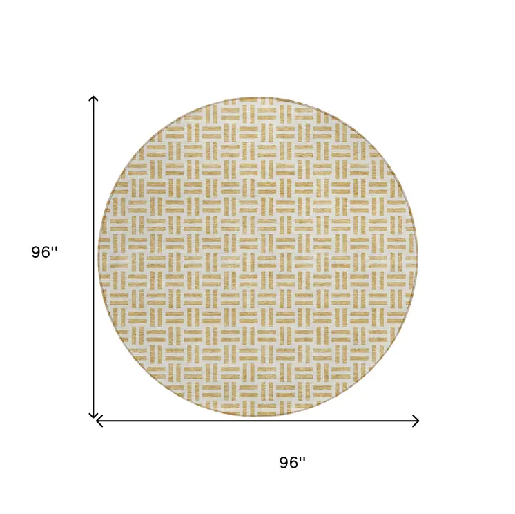 8' Gold And Ivory Round Geometric Washable Indoor Outdoor Area Rug