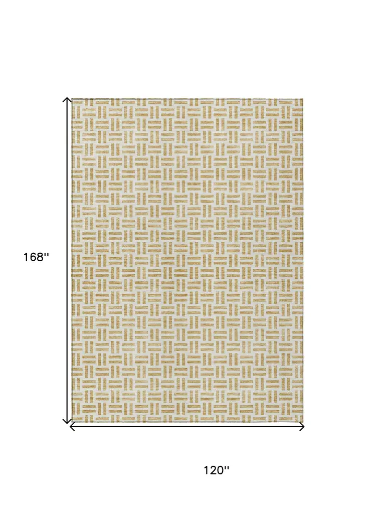 10' X 14' Gold And Ivory Geometric Washable Indoor Outdoor Area Rug