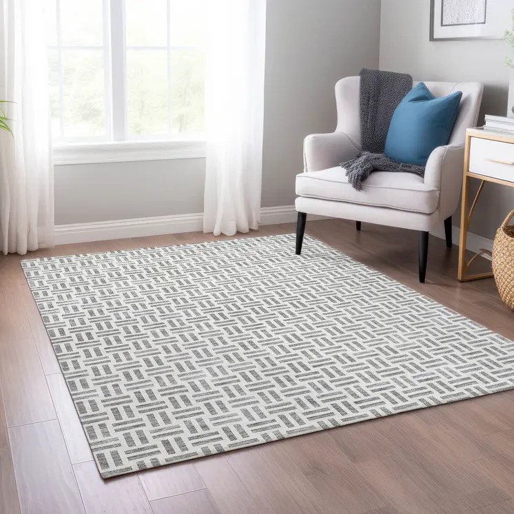 5' X 8' Gray And Ivory Geometric Washable Indoor Outdoor Area Rug