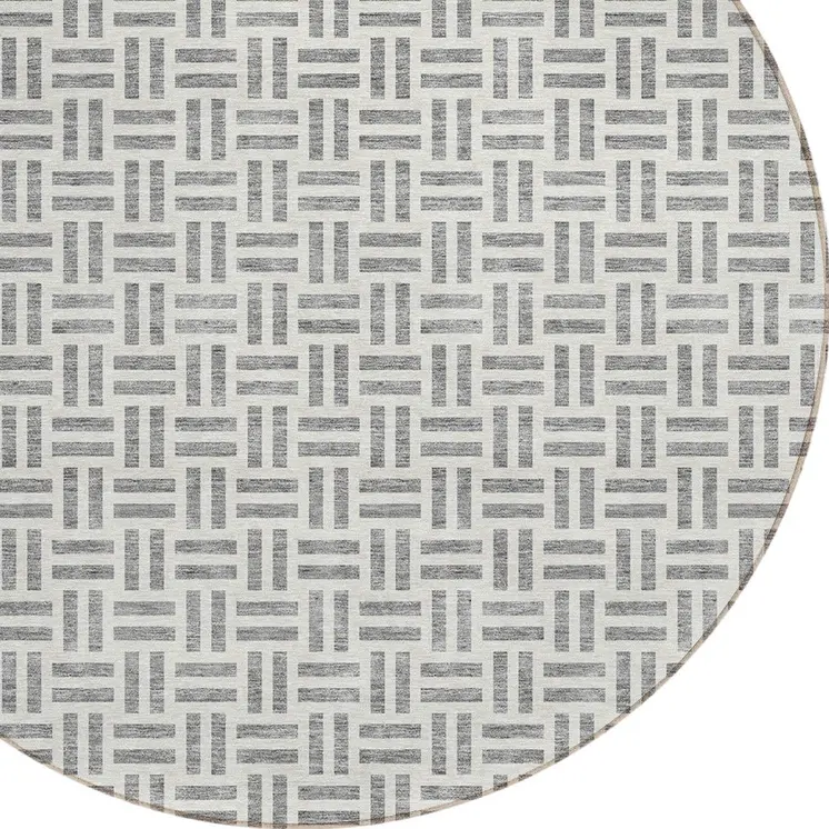 8' Gray And Ivory Round Geometric Washable Indoor Outdoor Area Rug