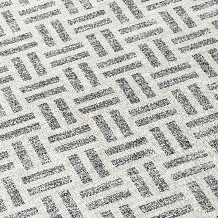 8' Gray And Ivory Round Geometric Washable Indoor Outdoor Area Rug