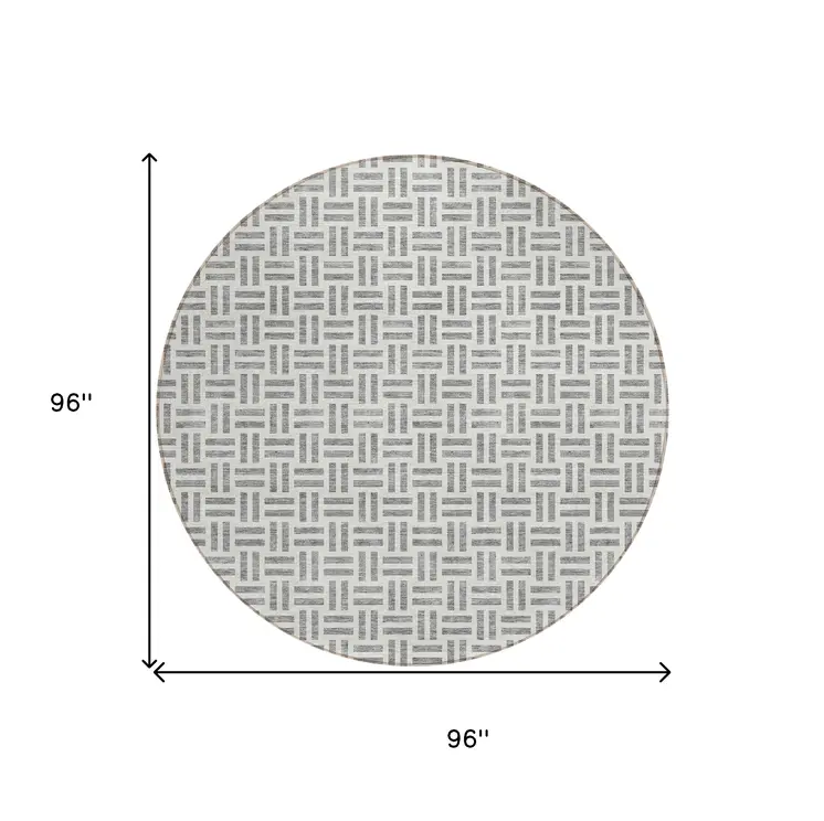 8' Gray And Ivory Round Geometric Washable Indoor Outdoor Area Rug