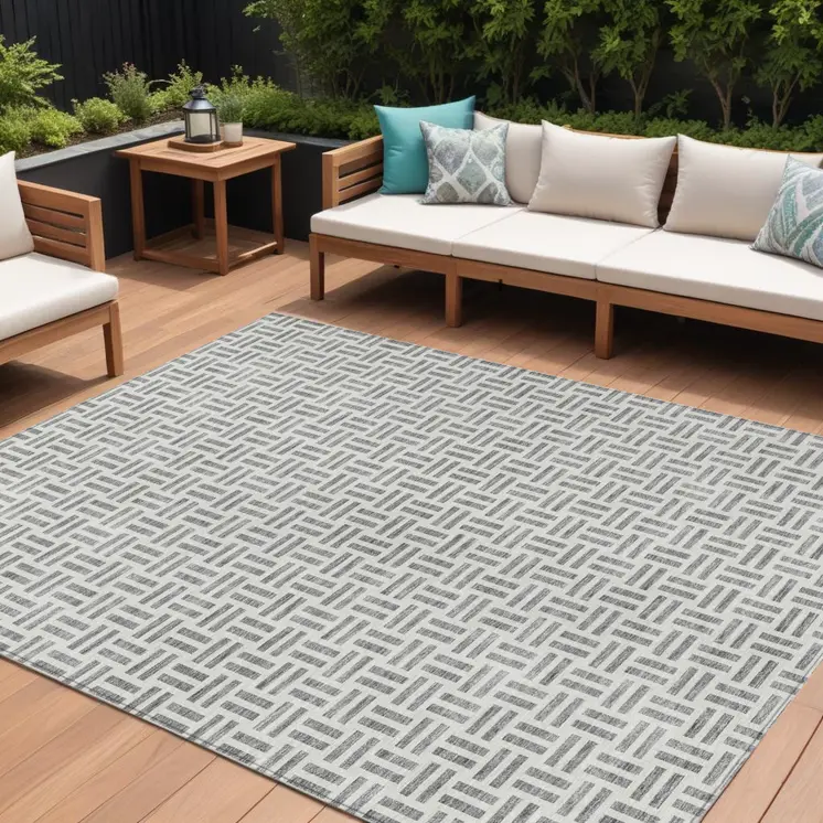 9' X 12' Gray And Ivory Geometric Washable Indoor Outdoor Area Rug
