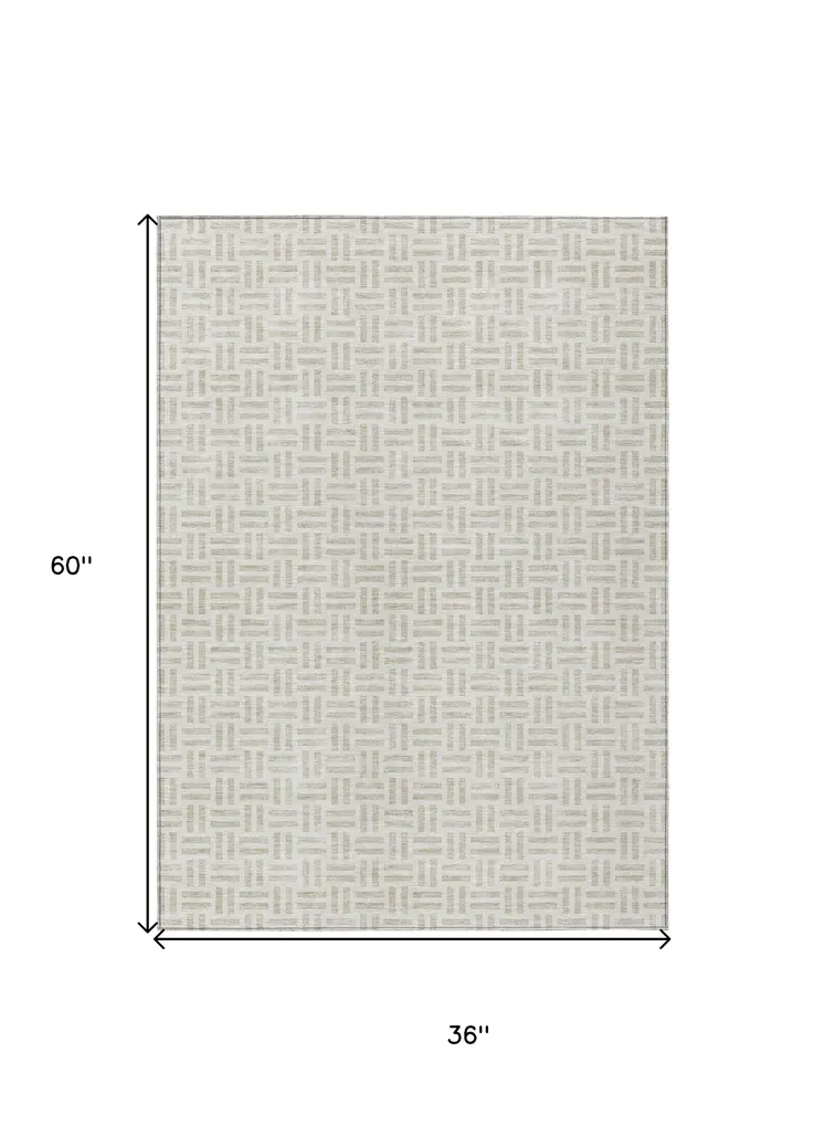 3' X 5' Ivory And Beige Geometric Washable Indoor Outdoor Area Rug