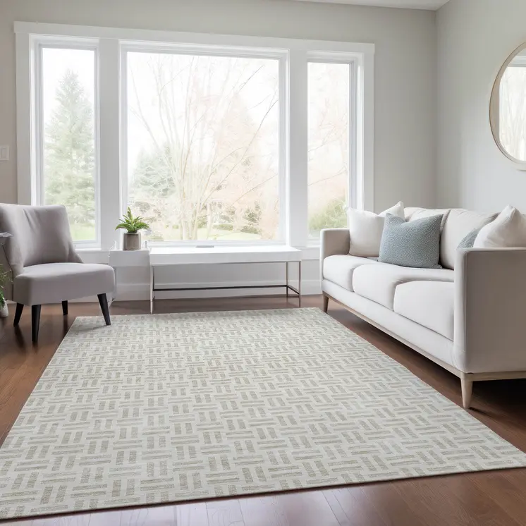3' X 5' Ivory And Beige Geometric Washable Indoor Outdoor Area Rug
