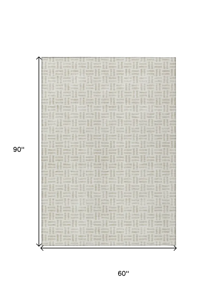 5' X 8' Ivory And Beige Geometric Washable Indoor Outdoor Area Rug