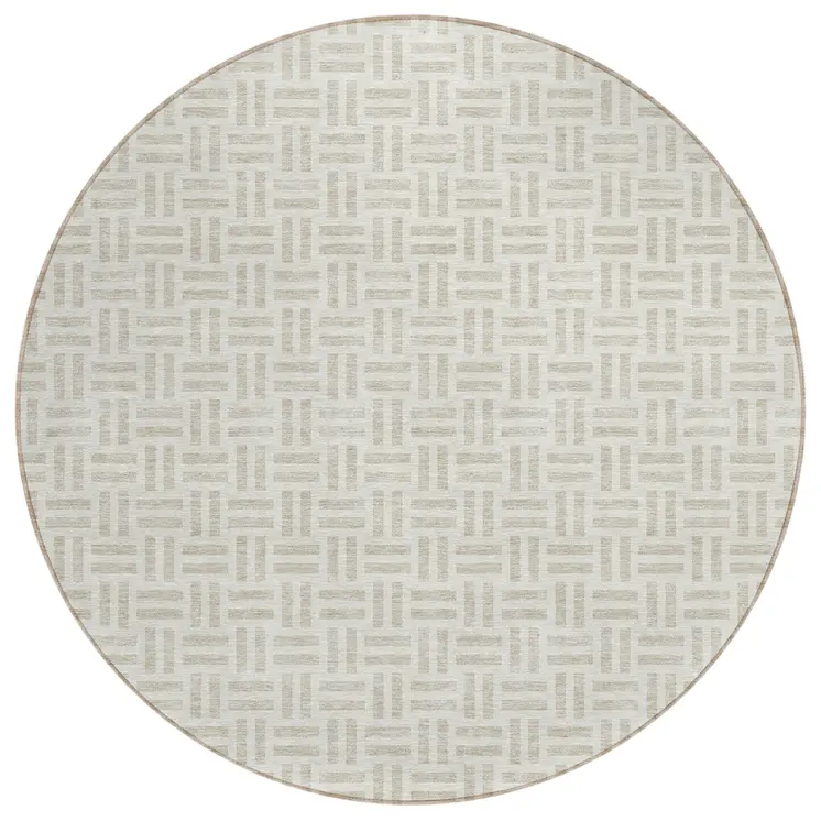 8' Ivory And Beige Round Geometric Washable Indoor Outdoor Area Rug