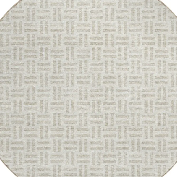 8' Ivory And Beige Round Geometric Washable Indoor Outdoor Area Rug