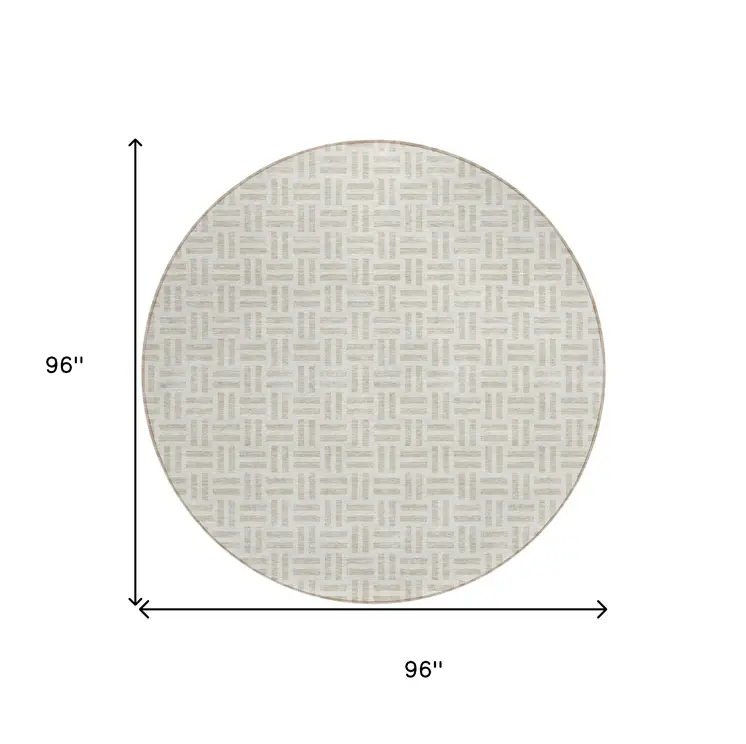 8' Ivory And Beige Round Geometric Washable Indoor Outdoor Area Rug
