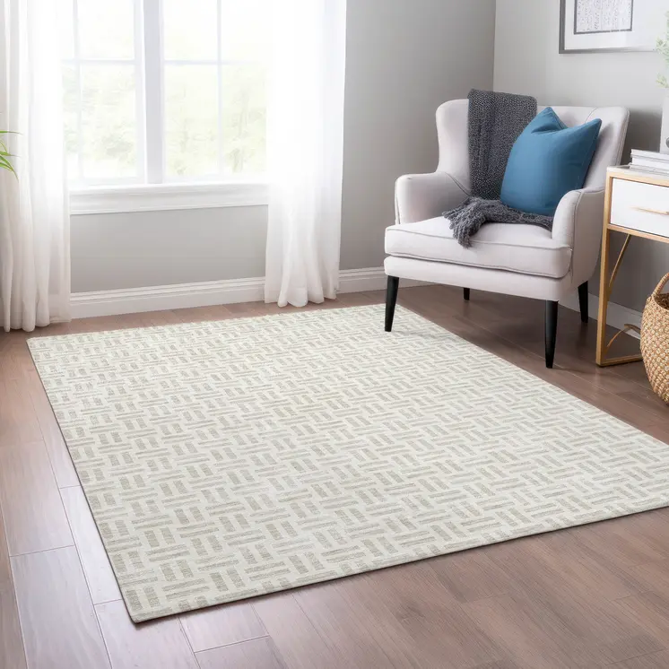 8' X 10' Ivory And Beige Geometric Washable Indoor Outdoor Area Rug