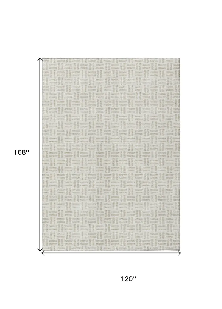 10' X 14' Ivory And Beige Geometric Washable Indoor Outdoor Area Rug