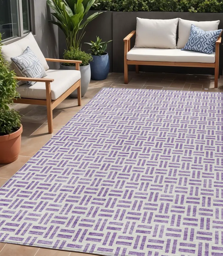 5' X 8' Lavender And Ivory Geometric Washable Indoor Outdoor Area Rug