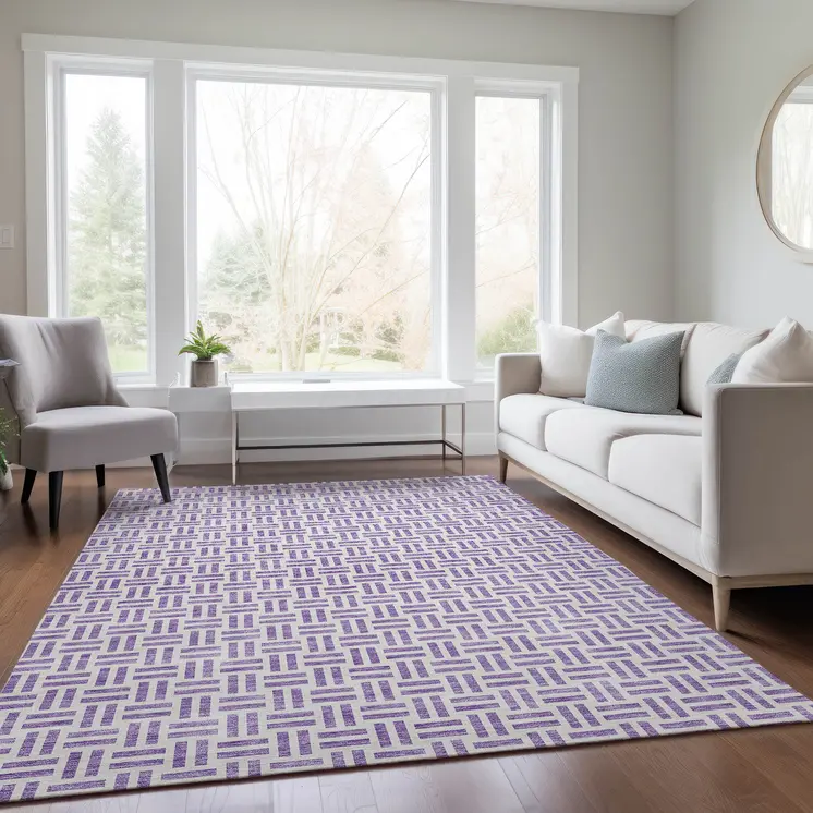 5' X 8' Lavender And Ivory Geometric Washable Indoor Outdoor Area Rug