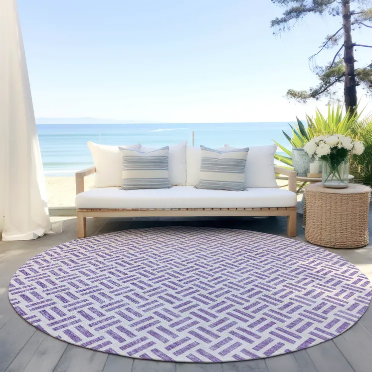 8' Lavender And Ivory Round Geometric Washable Indoor Outdoor Area Rug