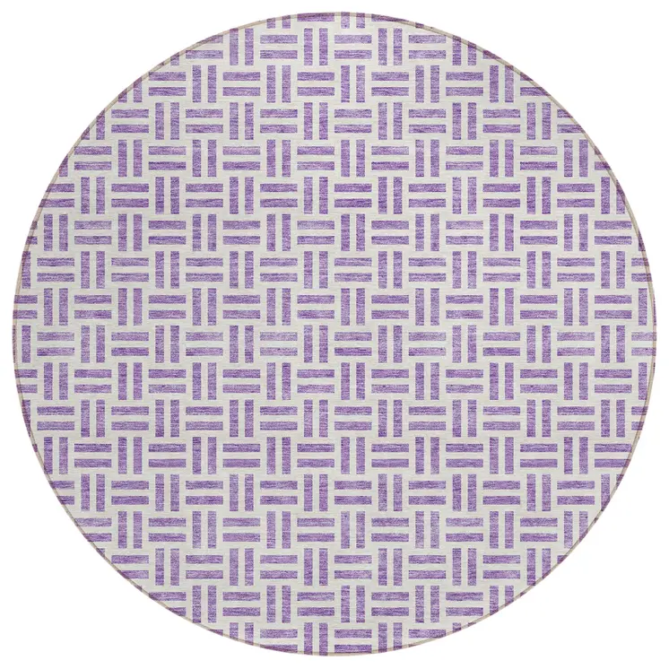 8' Lavender And Ivory Round Geometric Washable Indoor Outdoor Area Rug