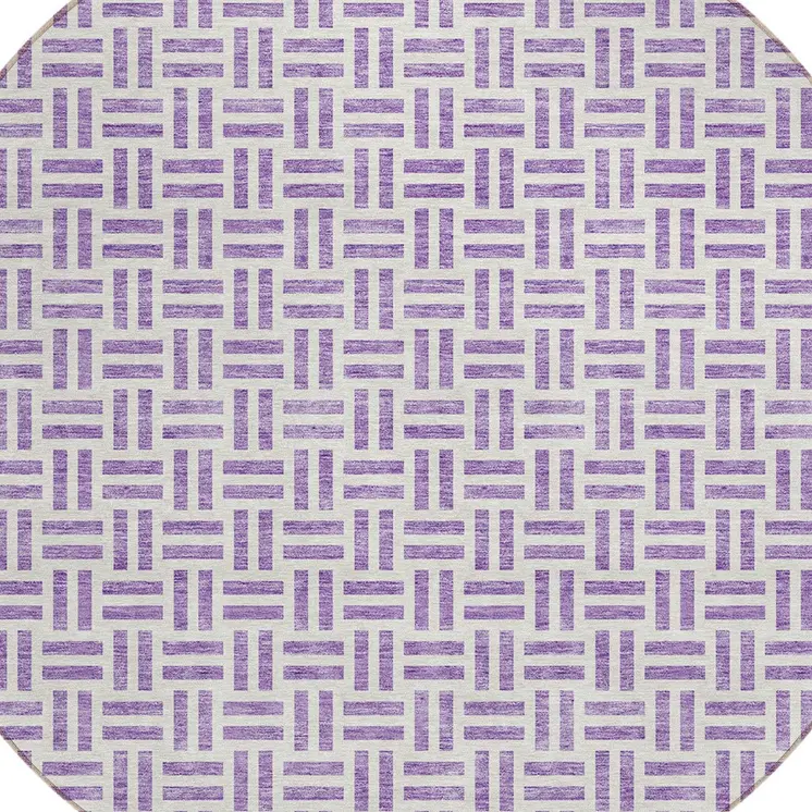 8' Lavender And Ivory Round Geometric Washable Indoor Outdoor Area Rug