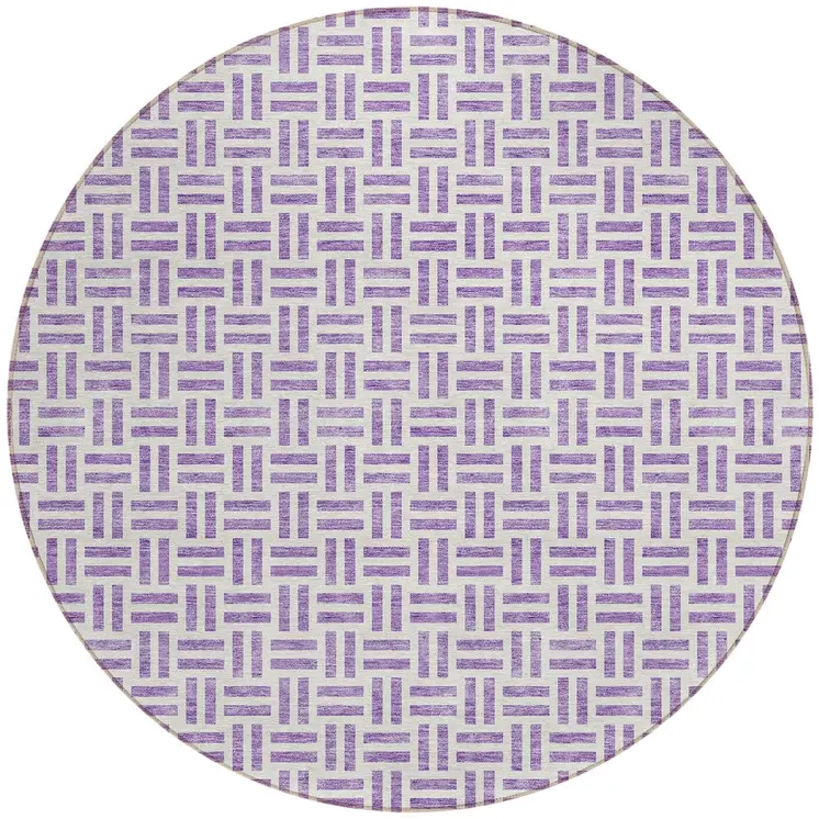 8' Lavender And Ivory Round Geometric Washable Indoor Outdoor Area Rug