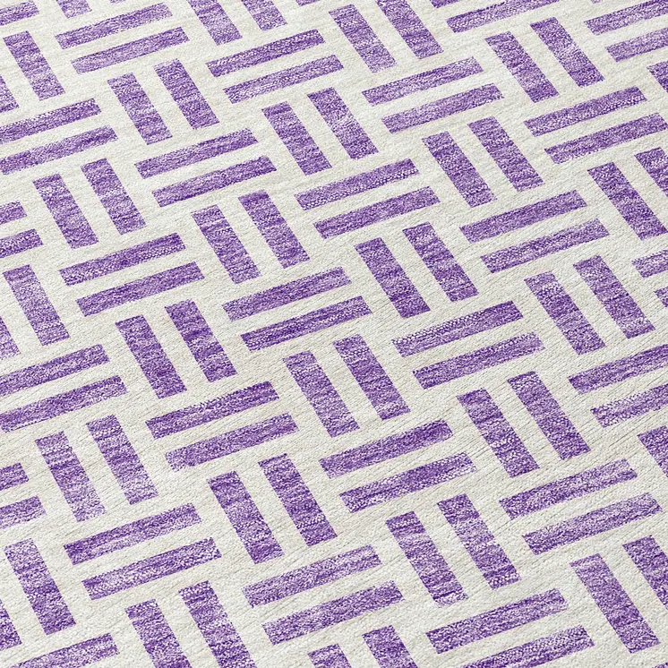 8' Lavender And Ivory Round Geometric Washable Indoor Outdoor Area Rug
