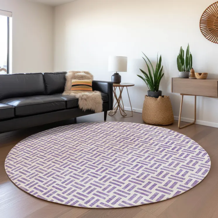 8' Lavender And Ivory Round Geometric Washable Indoor Outdoor Area Rug