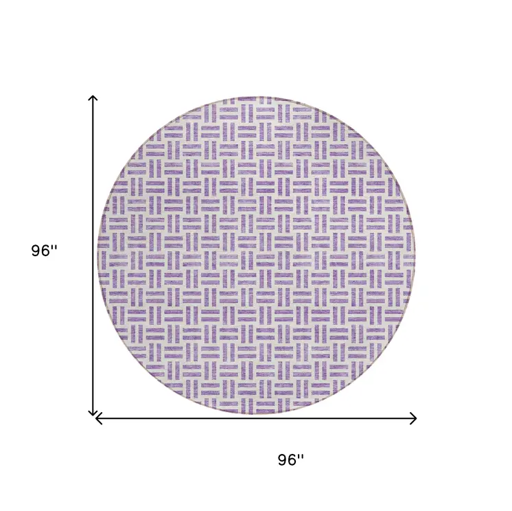 8' Lavender And Ivory Round Geometric Washable Indoor Outdoor Area Rug