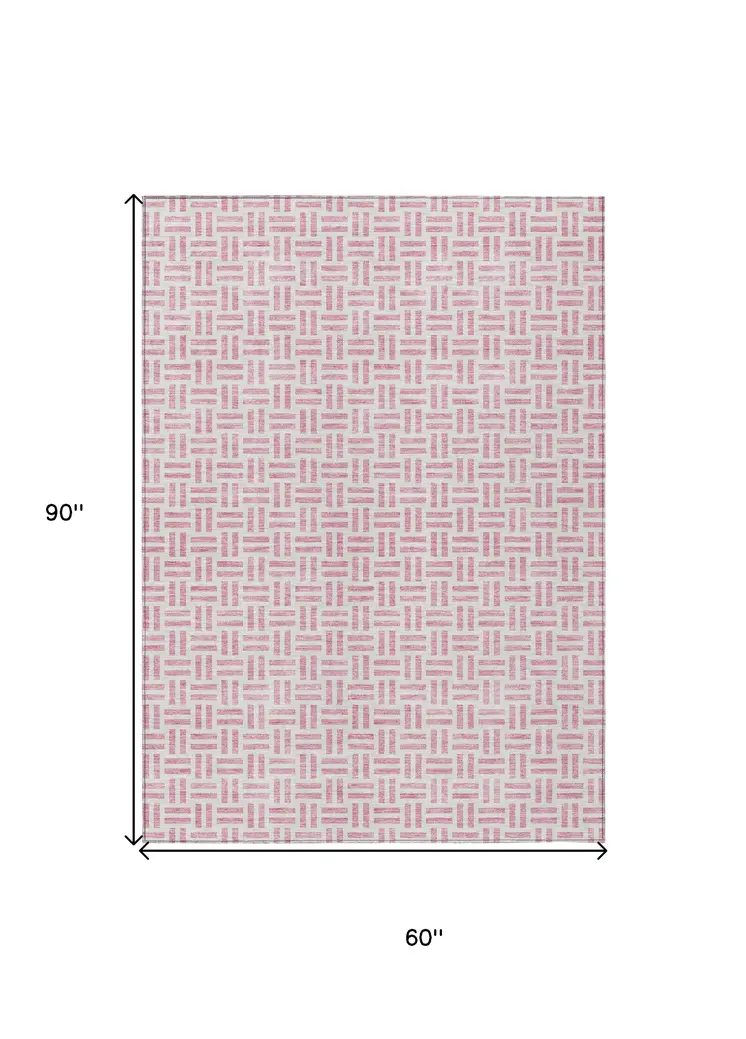 5' X 8' Pink And Ivory Geometric Washable Indoor Outdoor Area Rug