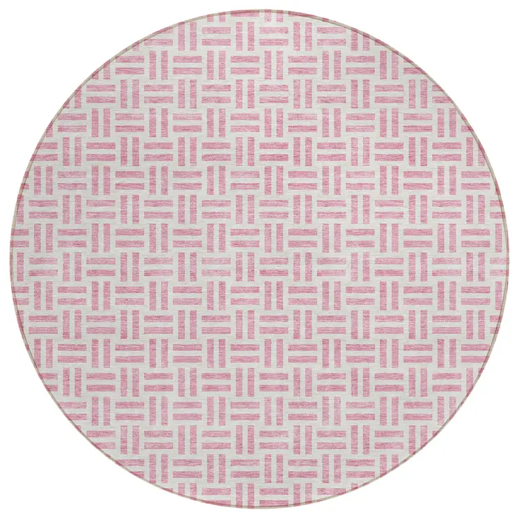 8' Pink And Ivory Round Geometric Washable Indoor Outdoor Area Rug