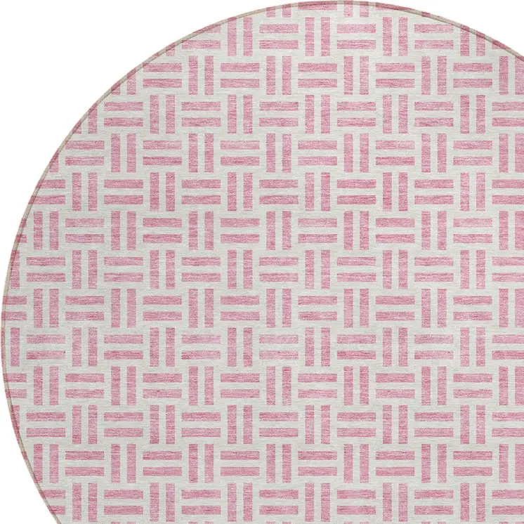 8' Pink And Ivory Round Geometric Washable Indoor Outdoor Area Rug