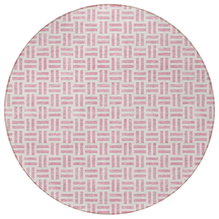 8' Pink And Ivory Round Geometric Washable Indoor Outdoor Area Rug