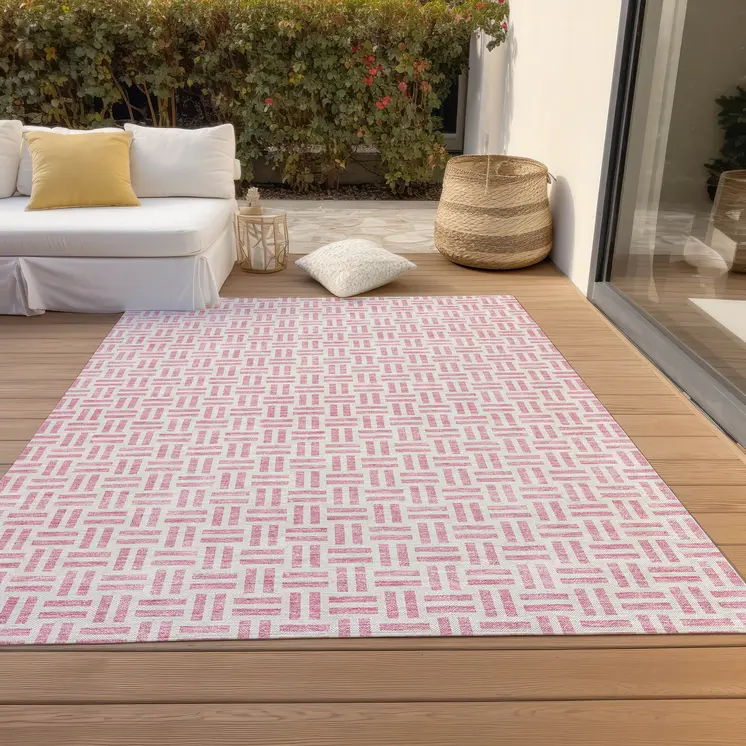 8' X 10' Pink And Ivory Geometric Washable Indoor Outdoor Area Rug