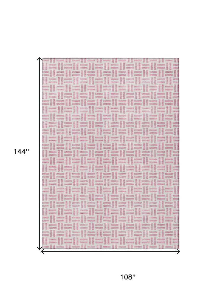 9' X 12' Pink And Ivory Geometric Washable Indoor Outdoor Area Rug
