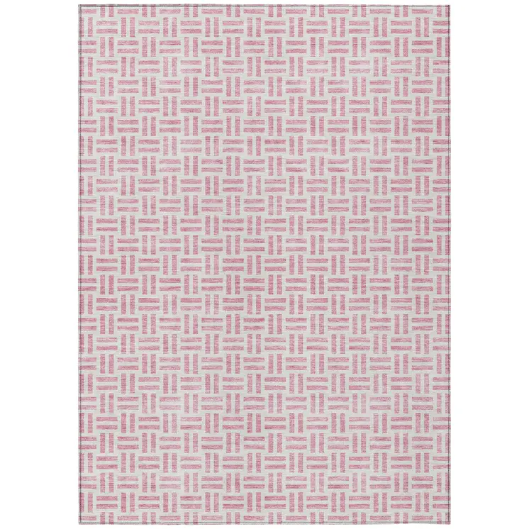 9' X 12' Pink And Ivory Geometric Washable Indoor Outdoor Area Rug