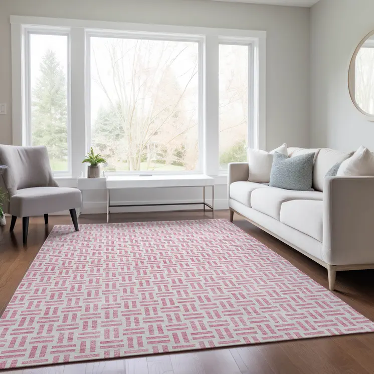 9' X 12' Pink And Ivory Geometric Washable Indoor Outdoor Area Rug