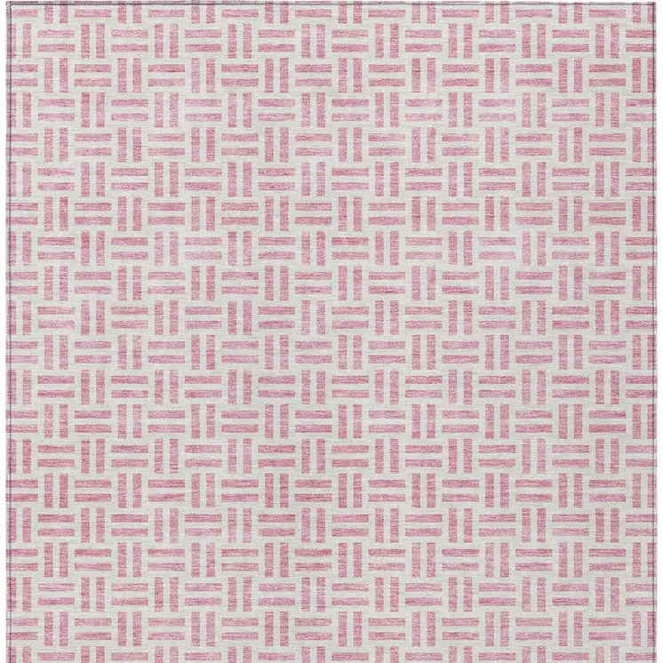 10' X 14' Pink And Ivory Geometric Washable Indoor Outdoor Area Rug