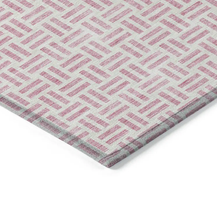10' X 14' Pink And Ivory Geometric Washable Indoor Outdoor Area Rug