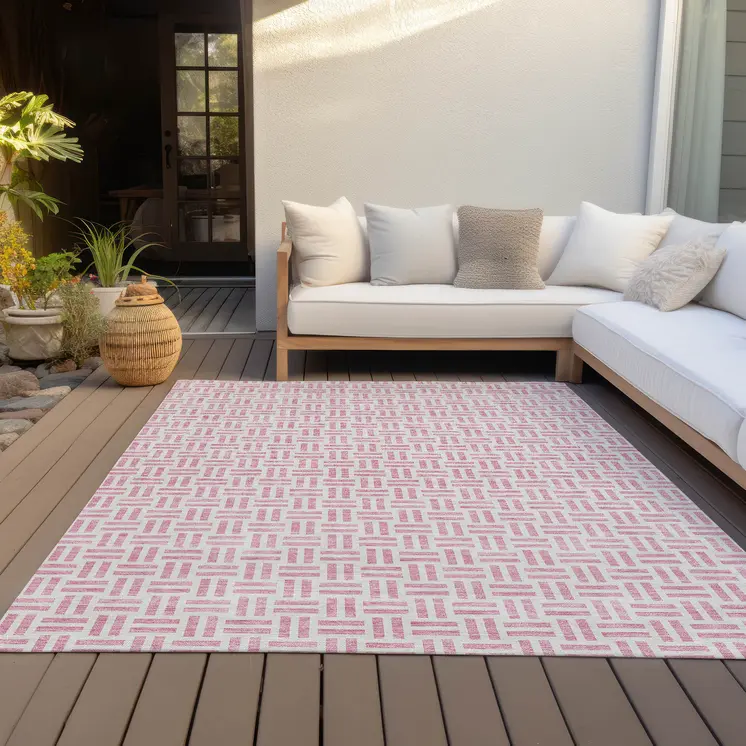 10' X 14' Pink And Ivory Geometric Washable Indoor Outdoor Area Rug