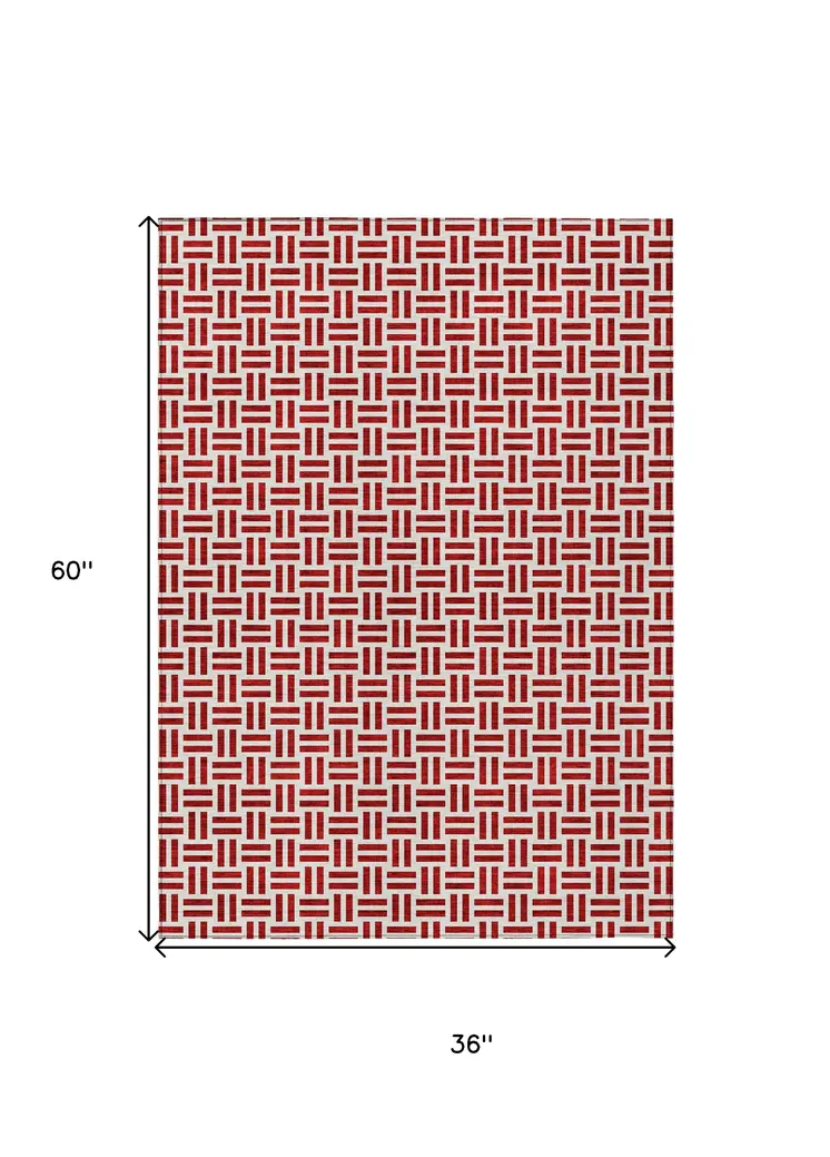3' X 5' Red And Ivory Geometric Washable Indoor Outdoor Area Rug