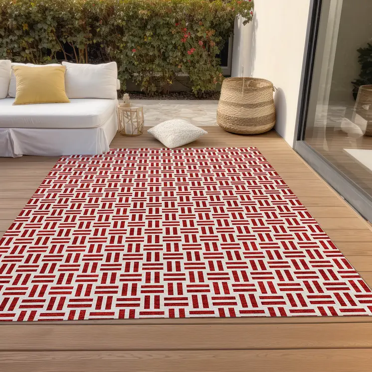 3' X 5' Red And Ivory Geometric Washable Indoor Outdoor Area Rug