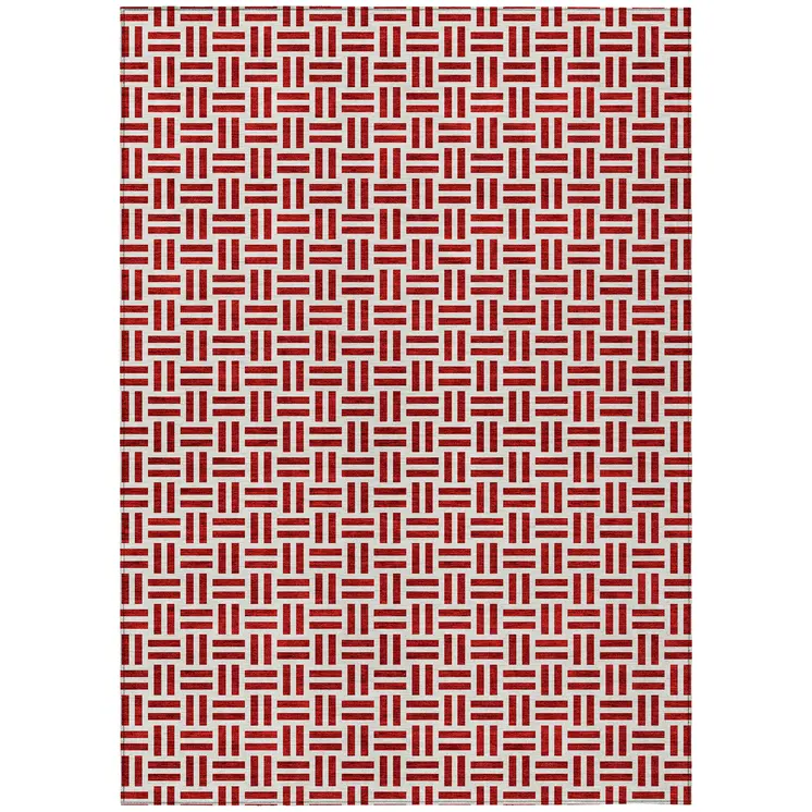 3' X 5' Red And Ivory Geometric Washable Indoor Outdoor Area Rug