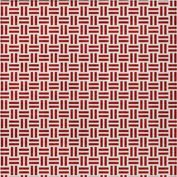 3' X 5' Red And Ivory Geometric Washable Indoor Outdoor Area Rug
