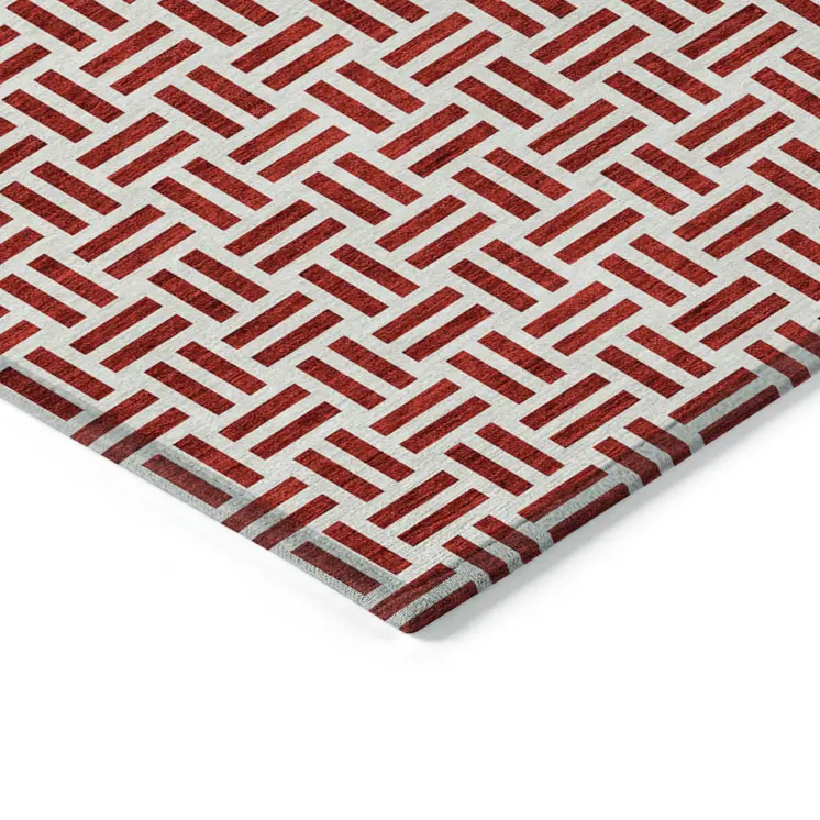 3' X 5' Red And Ivory Geometric Washable Indoor Outdoor Area Rug