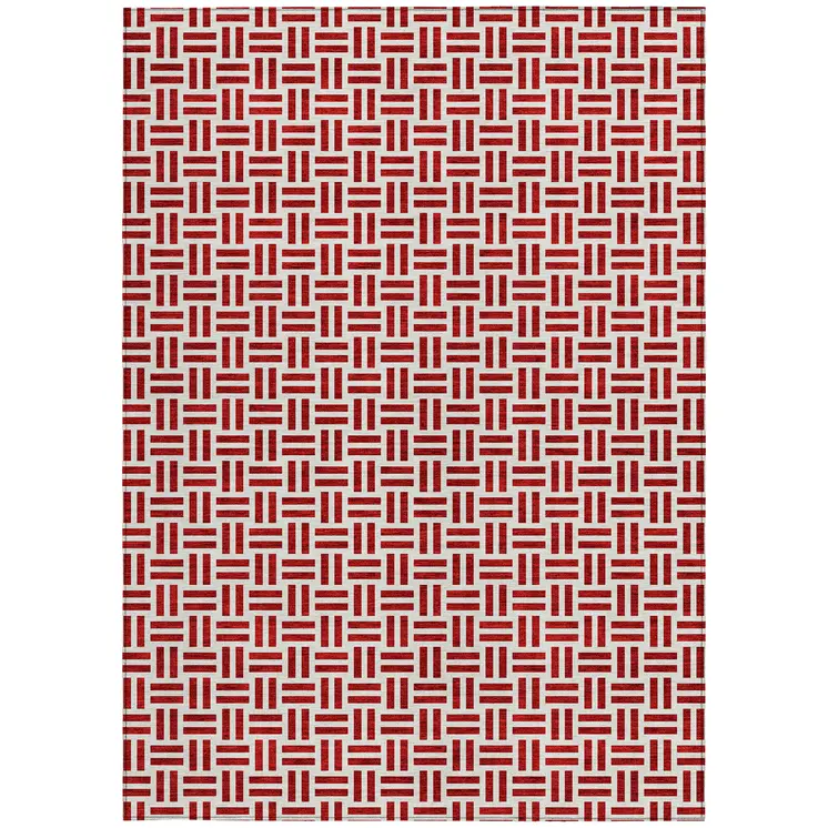3' X 5' Red And Ivory Geometric Washable Indoor Outdoor Area Rug