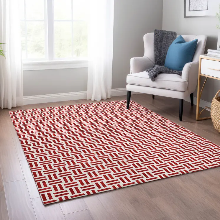 3' X 5' Red And Ivory Geometric Washable Indoor Outdoor Area Rug