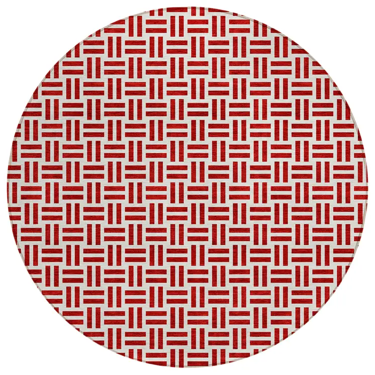 8' Red And Ivory Round Geometric Washable Indoor Outdoor Area Rug