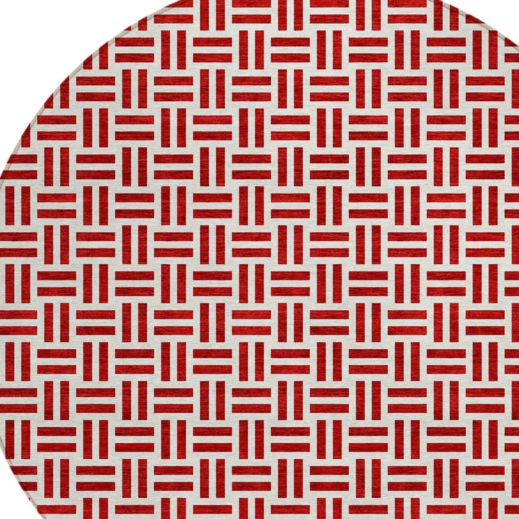 8' Red And Ivory Round Geometric Washable Indoor Outdoor Area Rug