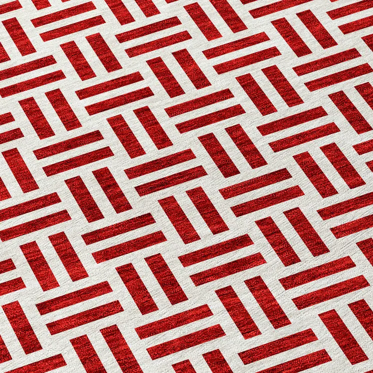 8' Red And Ivory Round Geometric Washable Indoor Outdoor Area Rug