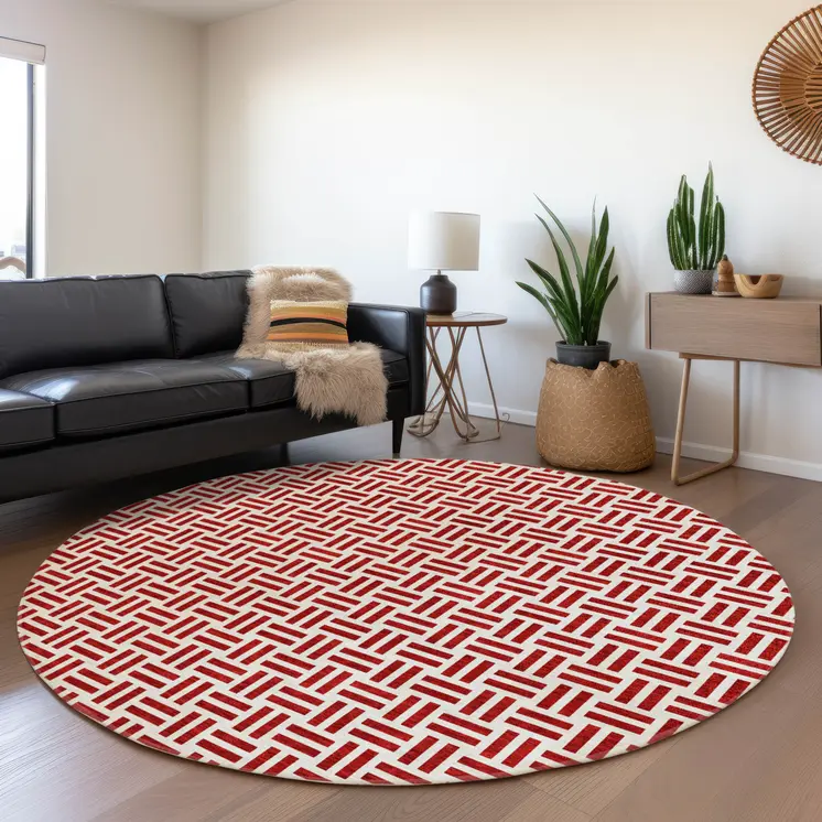 8' Red And Ivory Round Geometric Washable Indoor Outdoor Area Rug