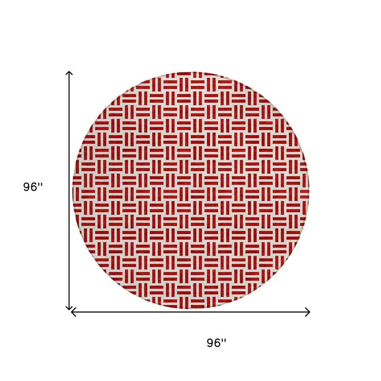 8' Red And Ivory Round Geometric Washable Indoor Outdoor Area Rug