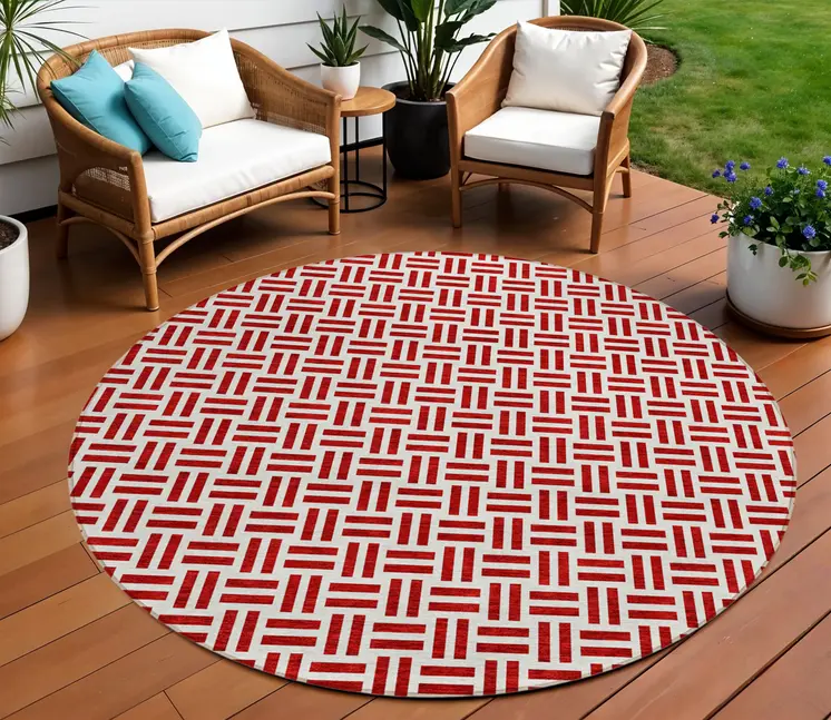 8' Red And Ivory Round Geometric Washable Indoor Outdoor Area Rug