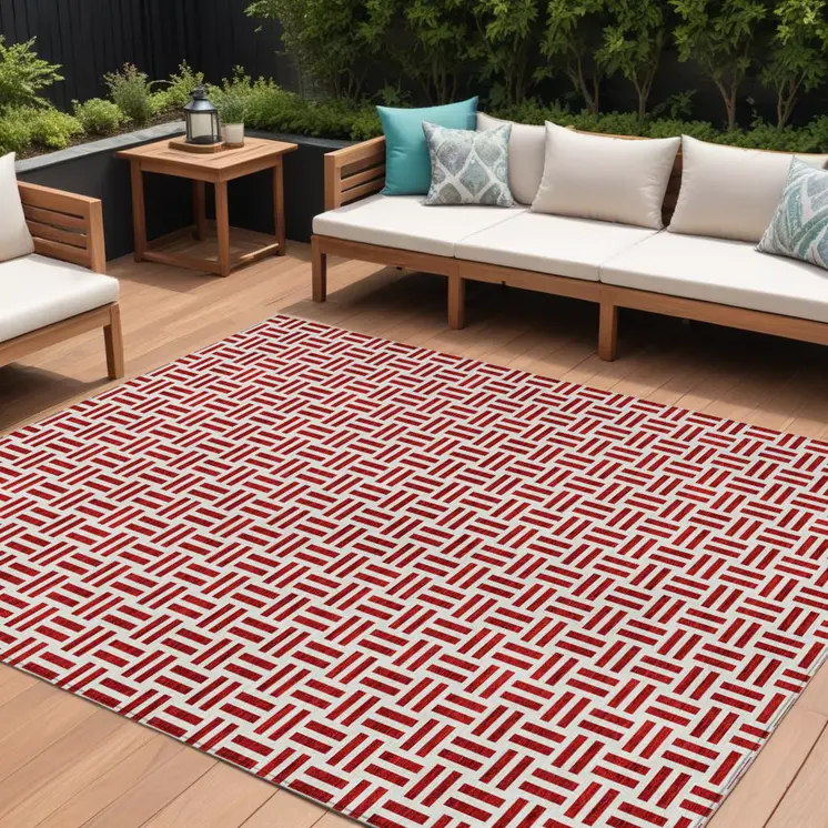 8' X 10' Red And Ivory Geometric Washable Indoor Outdoor Area Rug